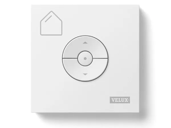 Velux solar blind wall control showing open, stop and close buttons